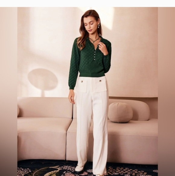 Rihoas Dark Green Scalloped Sweater With Pearl Buttons NWT - Picture 3 of 8